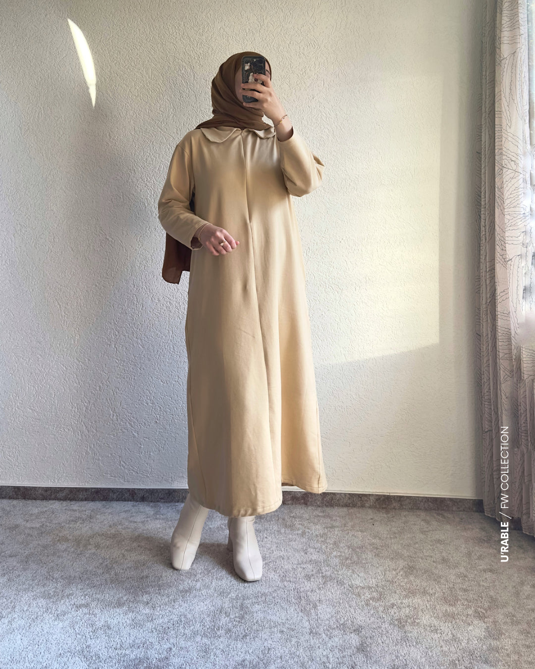 Bebe Yaka Fermuarlı Elbise-Bej(Kleid mit Babykragen und Reißverschluss-Beige)