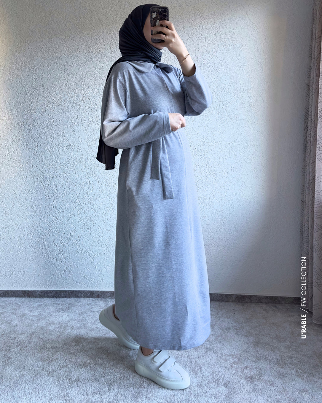 Bebe Yaka Fermuarlı Elbise-Gri(Kleid mit Babykragen und Reißverschluss-Grau)