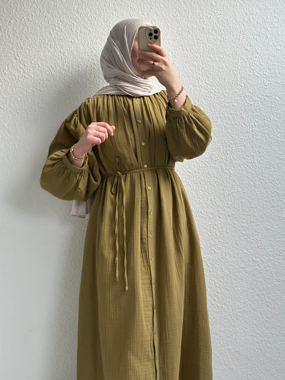 Geknöpftes Musselinkleid - Senf