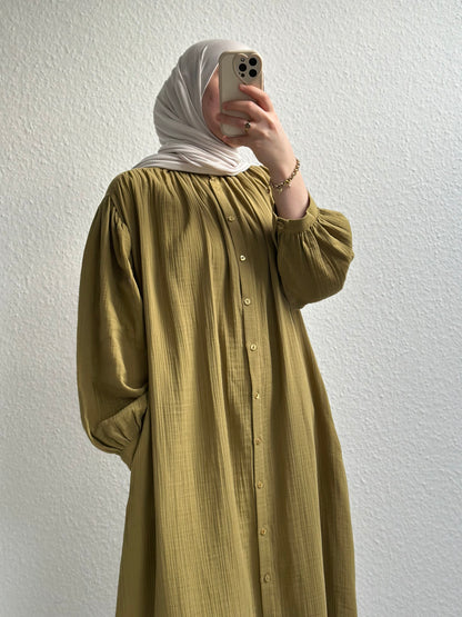 Geknöpftes Musselinkleid - Senf