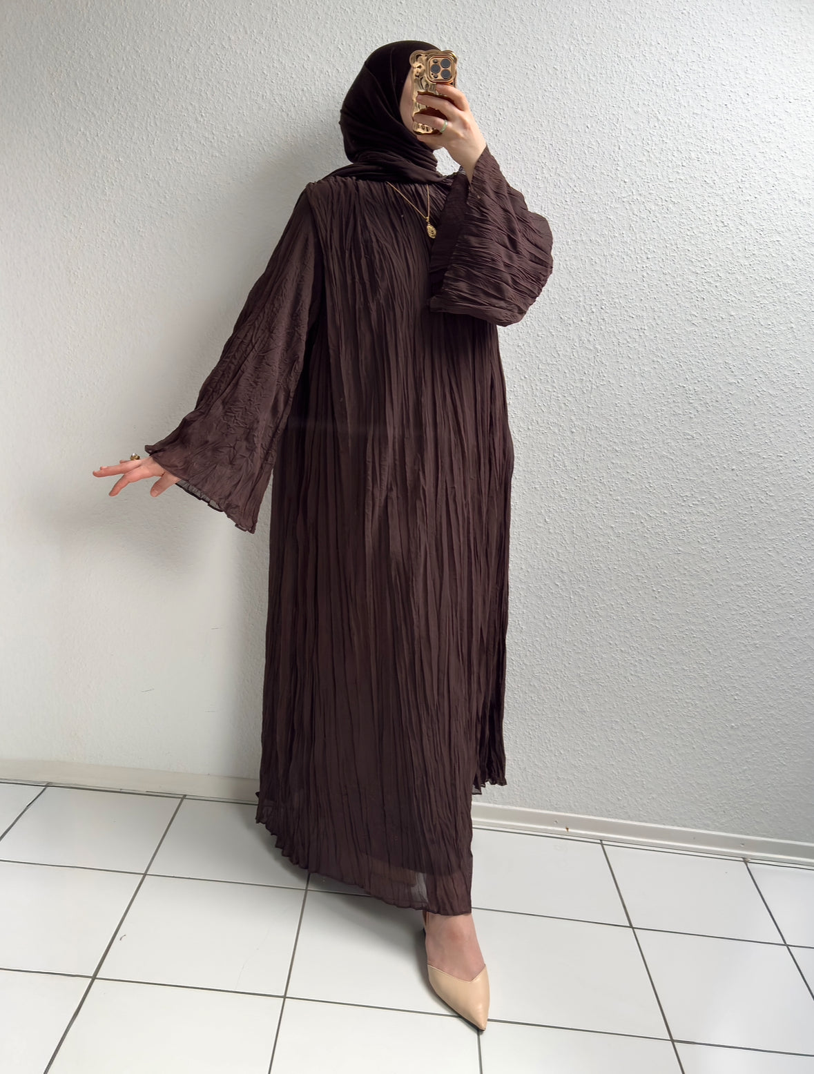 Crinkle Chiffon Kleid - Braun