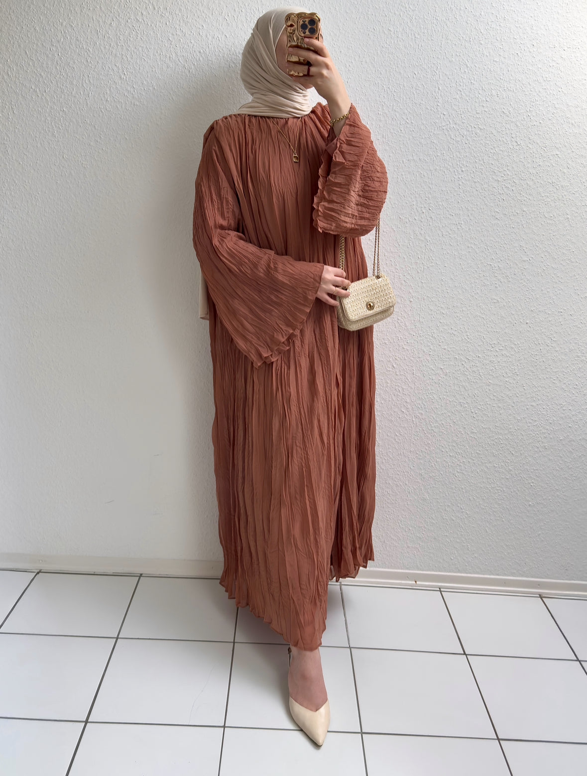 Crinkle Chiffon Kleid - Zimt