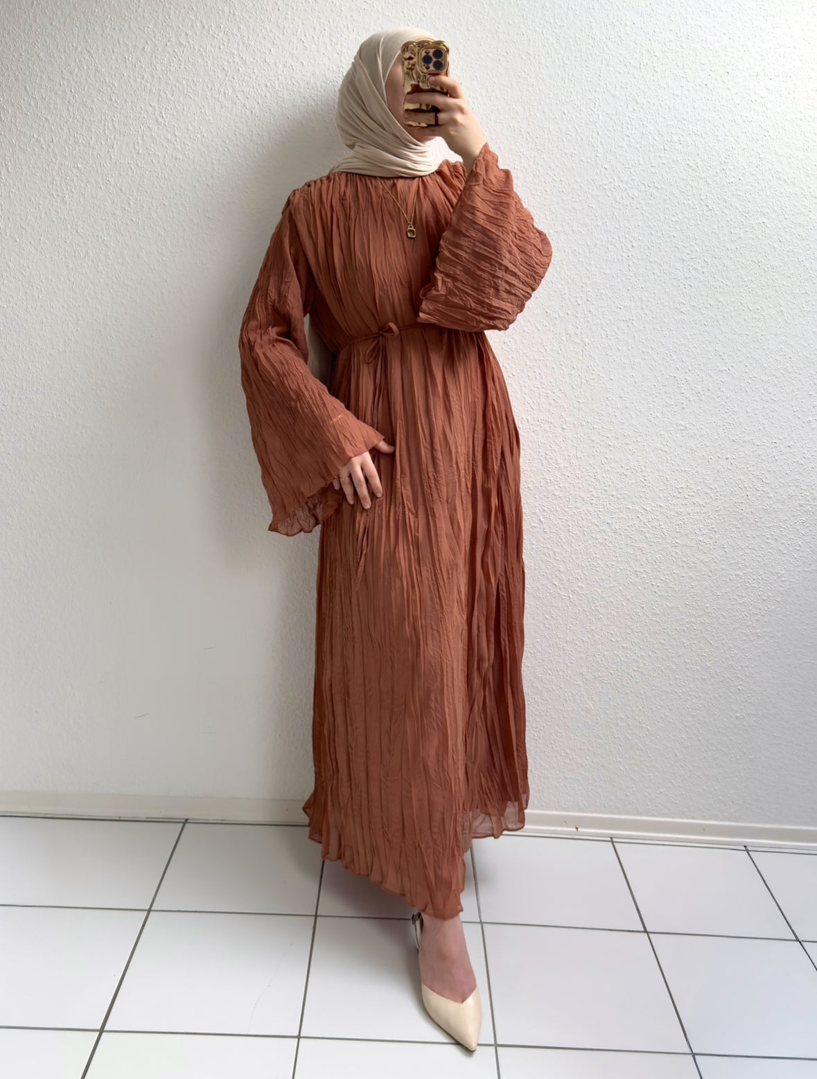 Crinkle Chiffon Kleid - Zimt