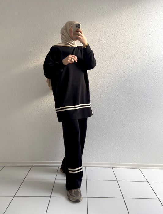 Gestreifter Modal Zweiteiler - Schwarz