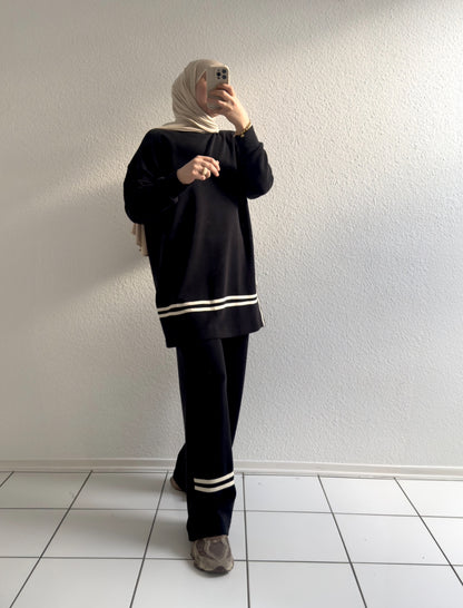 Gestreifter Modal Zweiteiler - Schwarz