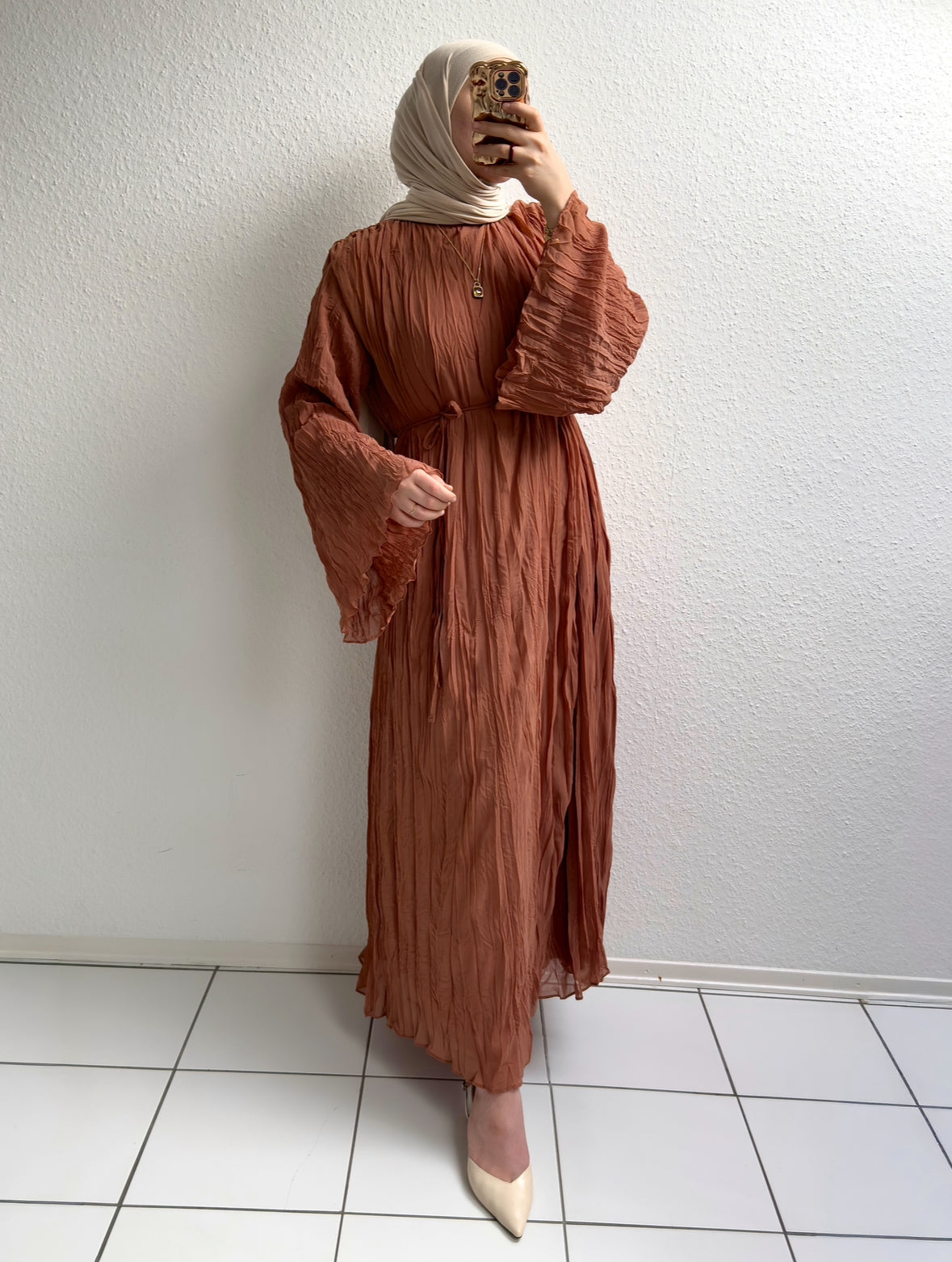 Crinkle Chiffon Kleid - Zimt
