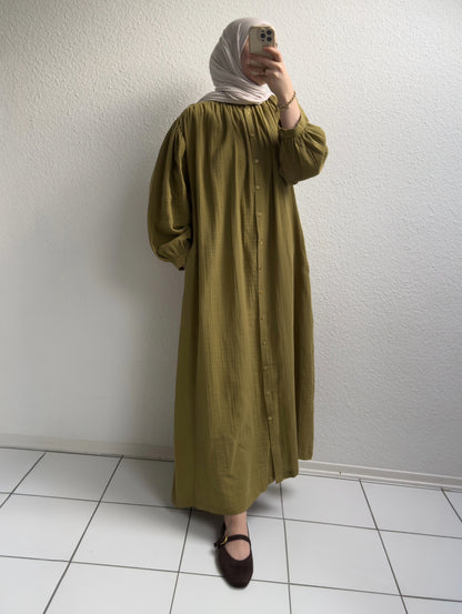 Geknöpftes Musselinkleid - Senf