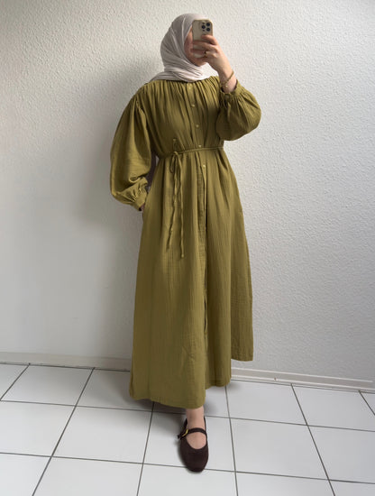 Geknöpftes Musselinkleid - Senf