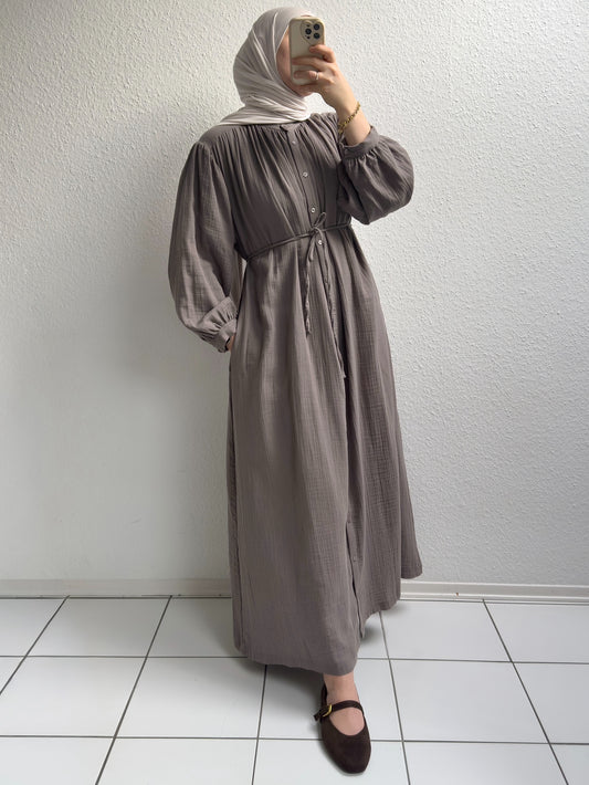 Geknöpftes Musselinkleid - Grau