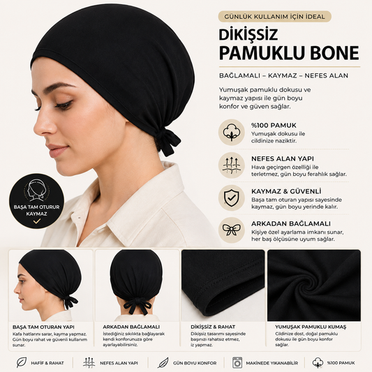 Dikişsiz Pamuklu Bone - Siyah